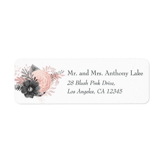 Pastel Blush Pink and Black Floral Wedding Label (Front)