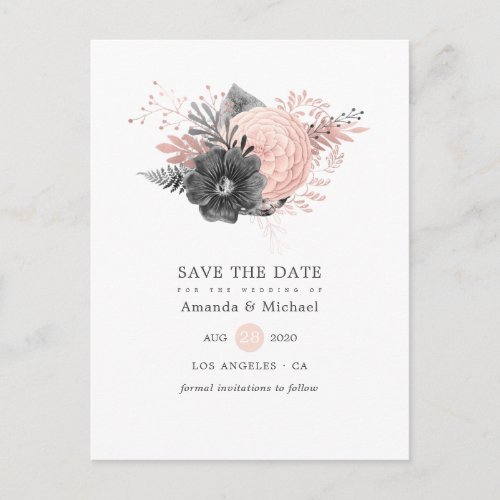 Pastel Blush Pink and Charcoal Black Save the Date Announcement Postcard