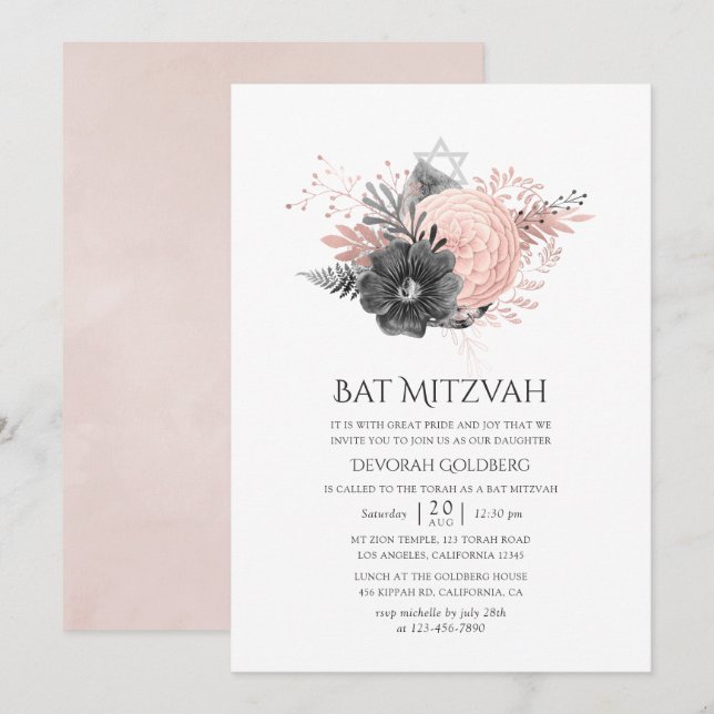 Pastel Blush Pink and Charcoal Floral Bat Mitzvah Invitation (Front/Back)
