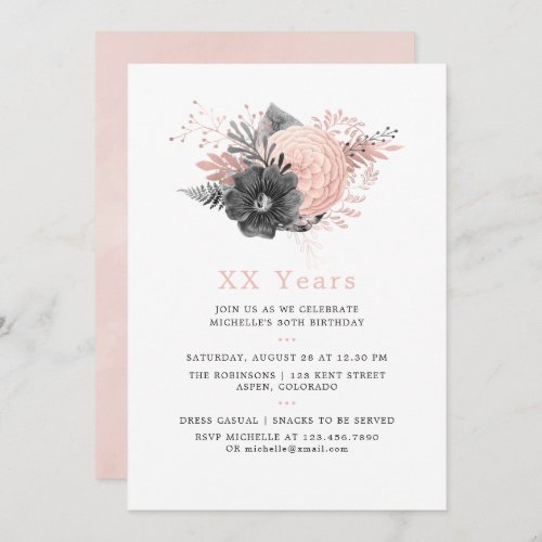 Pastel Blush Pink and Charcoal Floral Birthday Invitation