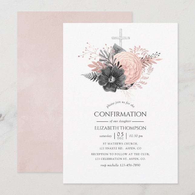 Pastel Blush Pink and Charcoal Floral Confirmation Invitation (Front/Back)
