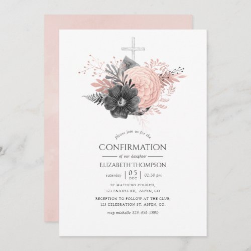 Pastel Blush Pink and Charcoal Floral Confirmation Invitation