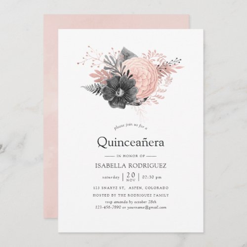 Pastel Blush Pink and Charcoal Floral Quinceaera Invitation