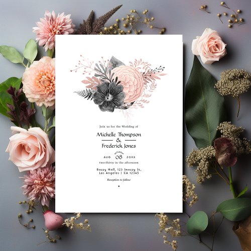 Pastel Blush Pink and Charcoal Floral Wedding Invitation