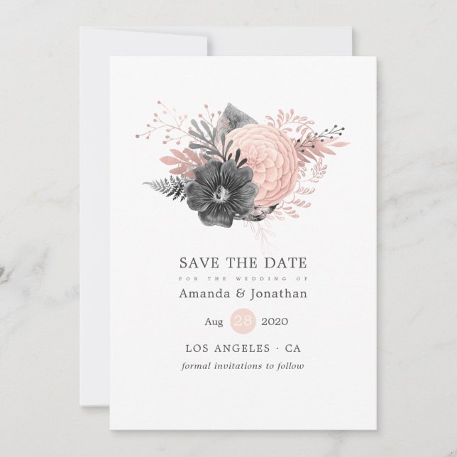 Pastel Blush Pink and Charcoal Floral Wedding Save The Date (Front)