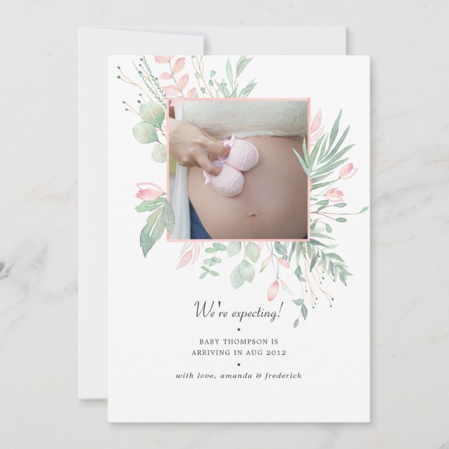 Pastel Blush Pink and Greenery Photo Pregnancy Announcement (Front)
