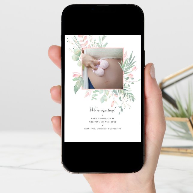Pastel Blush Pink and Greenery Photo Pregnancy Announcement (Front Digital)