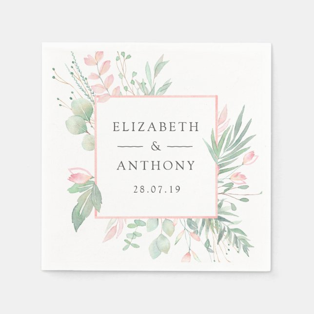 Pastel Blush Pink and Greenery Wedding Napkins (Front)