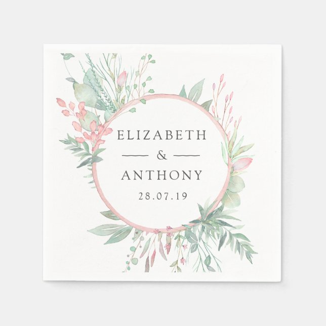 Pastel Blush Pink and Greenery Wedding Napkins (Front)