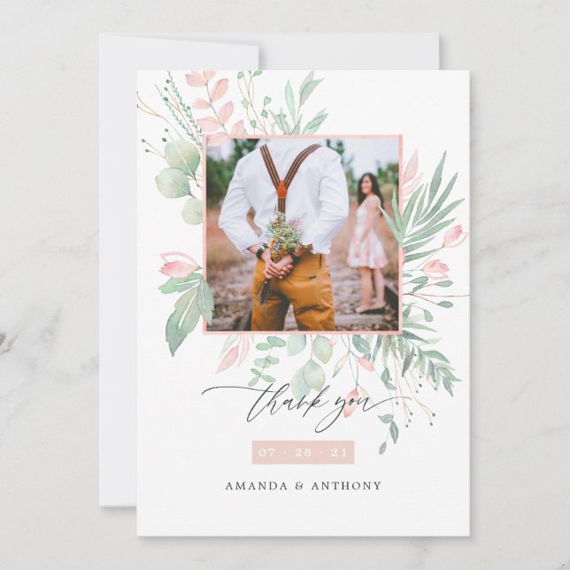 Pastel Blush Pink and Greenery Wedding Photo Thank You Card (Front)