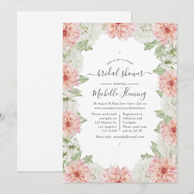 Pastel Blush Pink Dahlia Bridal Shower Invitation (Front/Back)