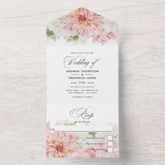 Pastel Blush Pink Dahlia Wedding All In One Invita All In One Invitation (Inside)