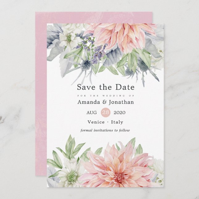 Pastel Blush Pink Dahlia Wedding Save The Date (Front/Back)