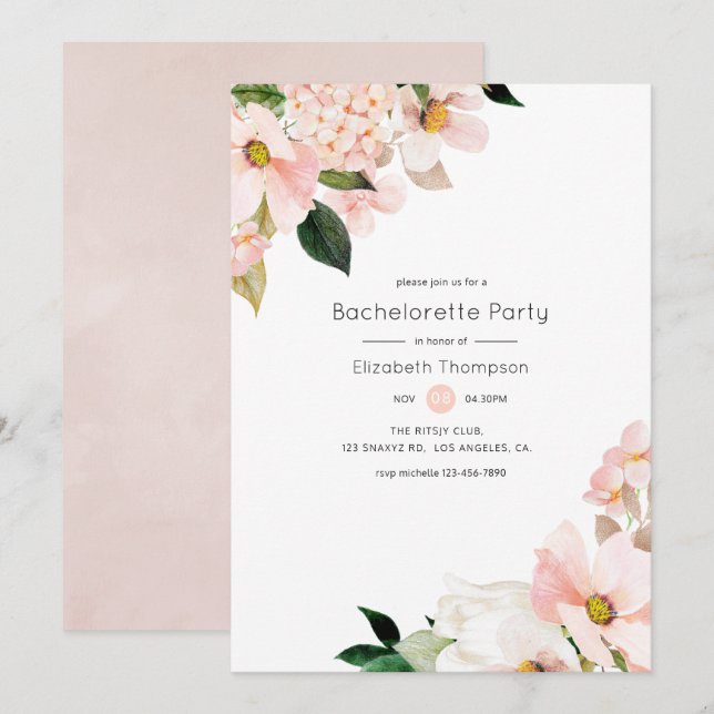 Pastel Blush Pink Floral Bachelorette Party Invitation (Front/Back)