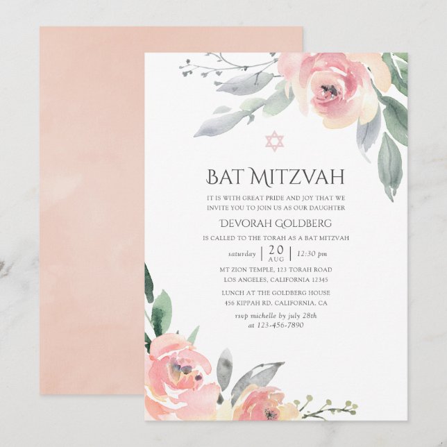 Pastel Blush Pink Floral Bat Mitzvah Invitation (Front/Back)