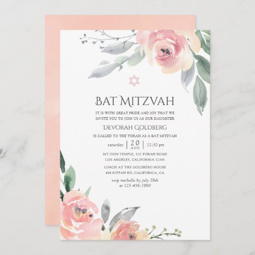 Pastel Blush Pink Floral Bat Mitzvah Invitation