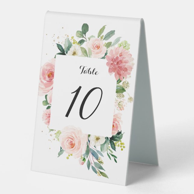 Pastel Blush Pink Floral Botanical Table Number Tent (Front)
