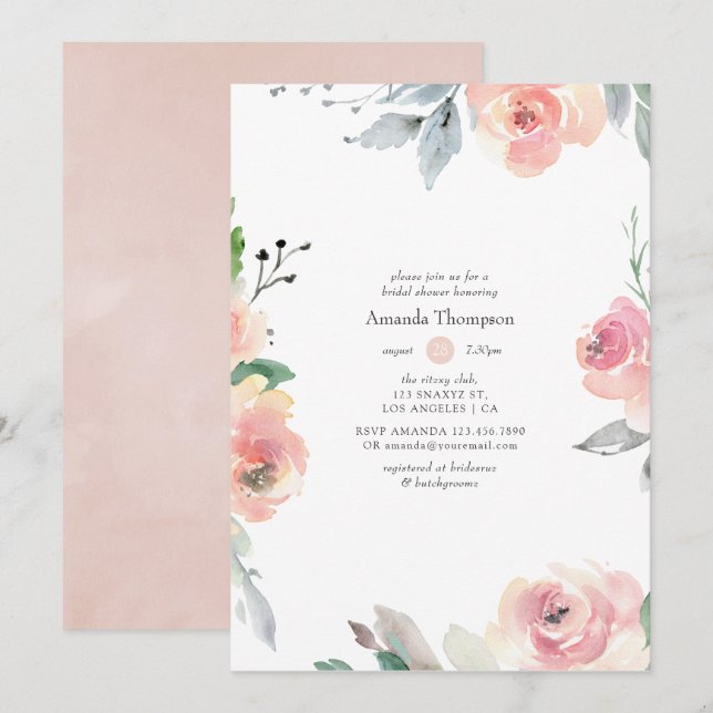 Pastel Blush Pink Floral Bridal Shower Invitation (Front/Back)