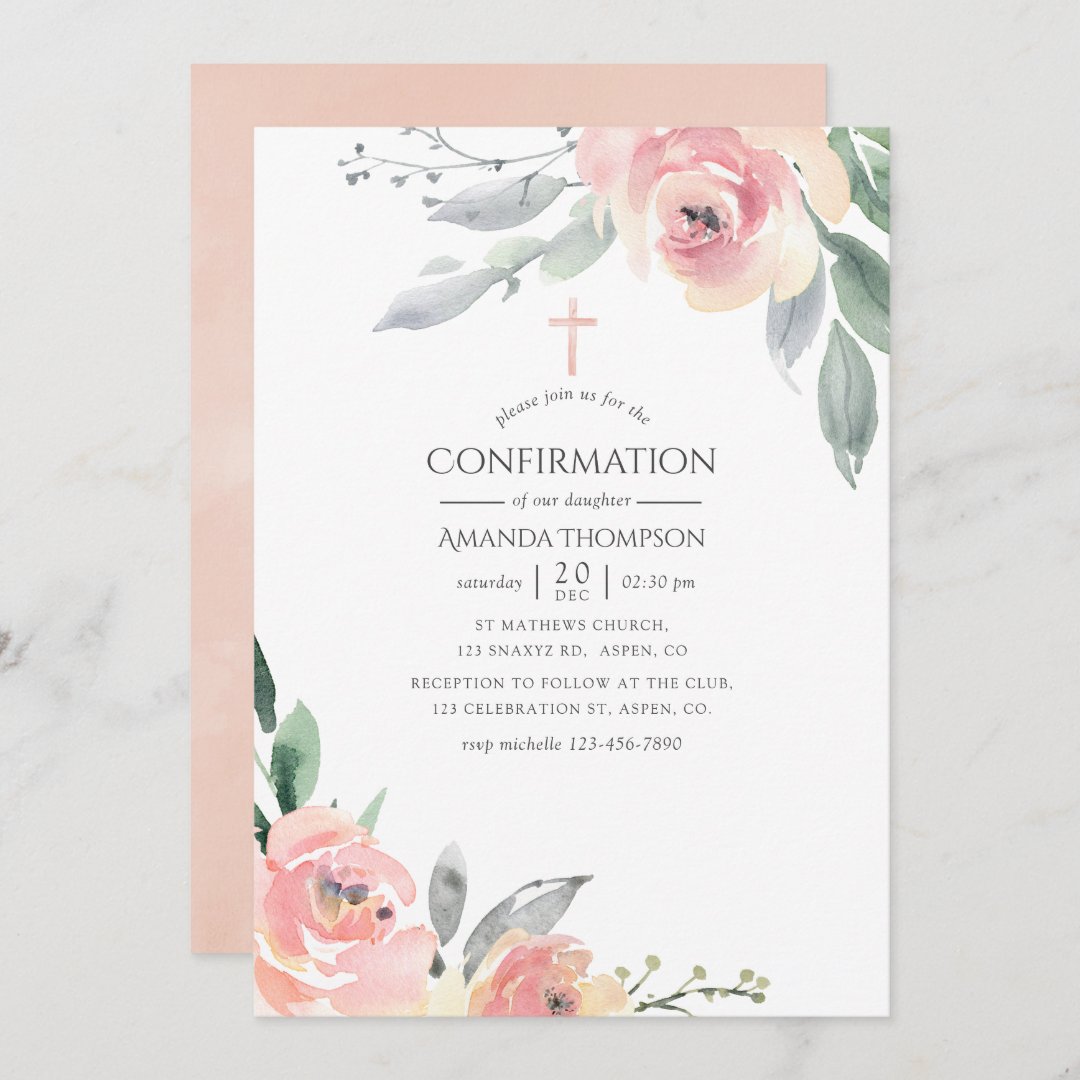 Pastel Blush Pink Floral Confirmation Invitation | Zazzle