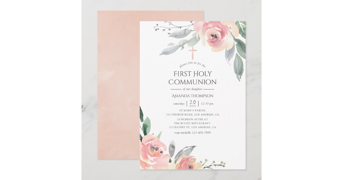 Pastel Blush Pink Floral First Holy Communion Invitation | Zazzle