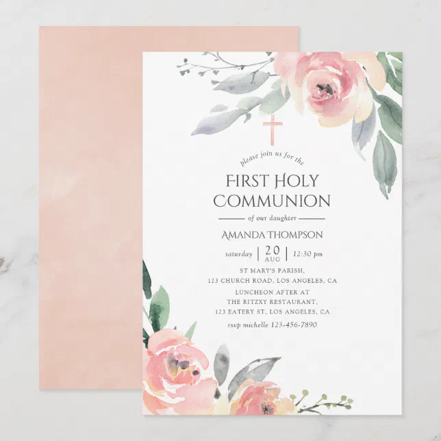 Pastel Blush Pink Floral First Holy Communion Invitation | Zazzle