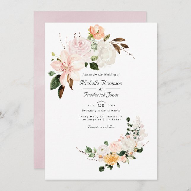 Pastel Blush Pink Floral QR Code RSVP Wedding Invitation (Front/Back)
