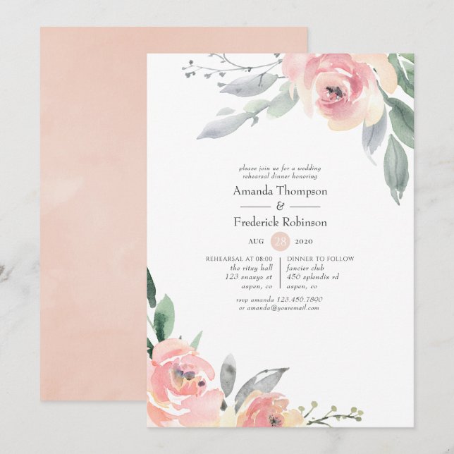 Pastel Blush Pink Floral Rehearsal Dinner Invitation (Front/Back)