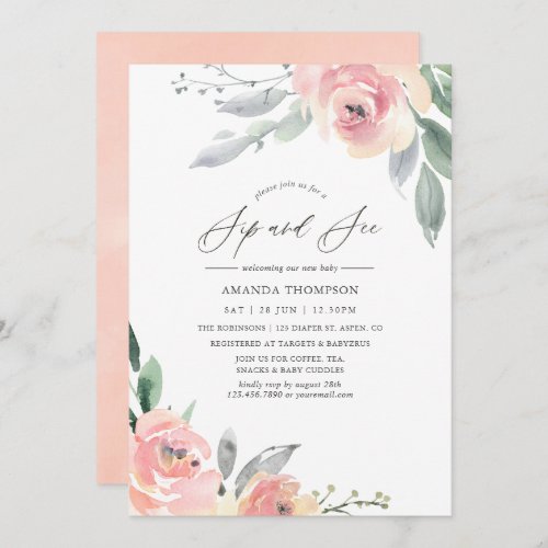 Pastel Blush Pink Floral Sip and See Party Invitation