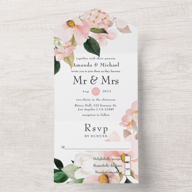 Pastel Blush Pink Floral Wedding All In One Invitation (Inside)