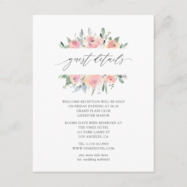 Pastel Blush Pink Floral Wedding Guest Details Enclosure Card (Front)