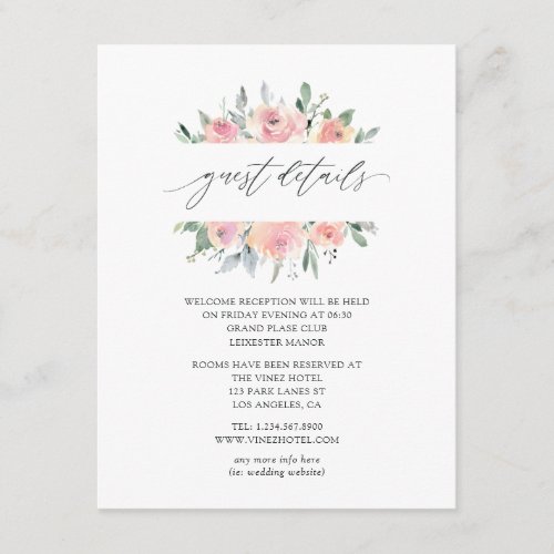 Pastel Blush Pink Floral Wedding Guest Details Enclosure Card
