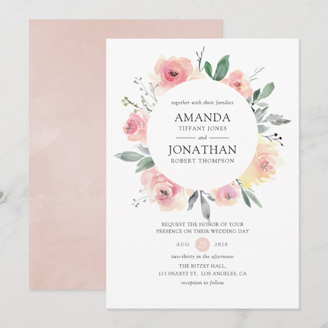 Pastel Blush Pink Floral Wedding Invitation (Front/Back)