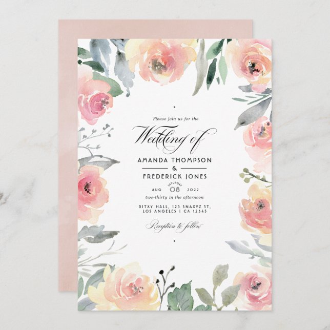 Pastel Blush Pink Floral Wedding Photo Invitation (Front/Back)