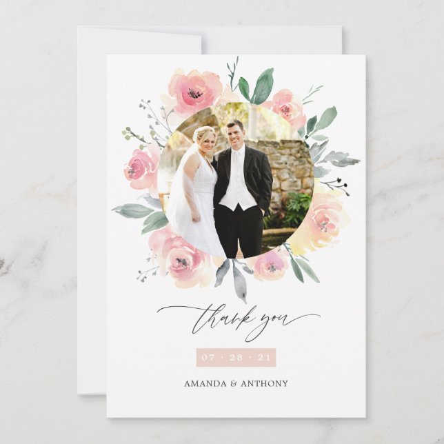 Pastel Blush Pink Floral Wedding Photo Thank You Card (Front)