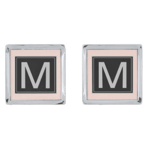 Pastel Blush Pink Geometric Black Silver Monogram Cufflinks