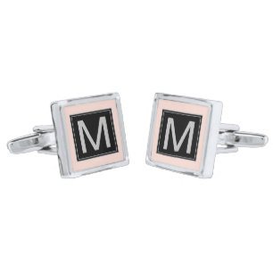 Pastel Blush Pink Geometric Black Silver Monogram Cufflinks