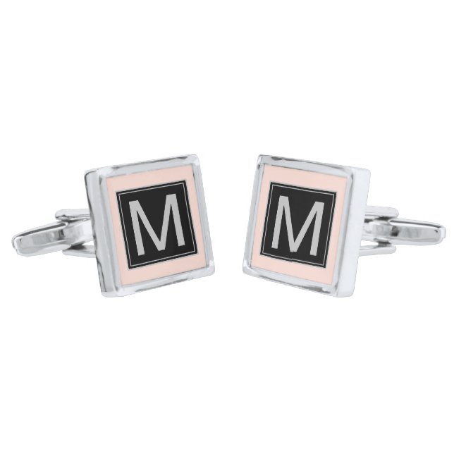 Pastel Blush Pink Geometric Black Silver Monogram Cufflinks (Angled)