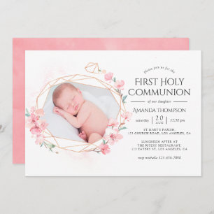 Pastel Blush Pink Geometric Floral Holy Communion Invitation