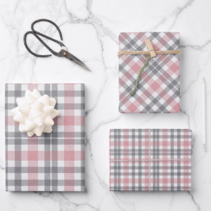 Pastel Blush Pink Gray White Plaid Pattern Wrapping Paper Sheets