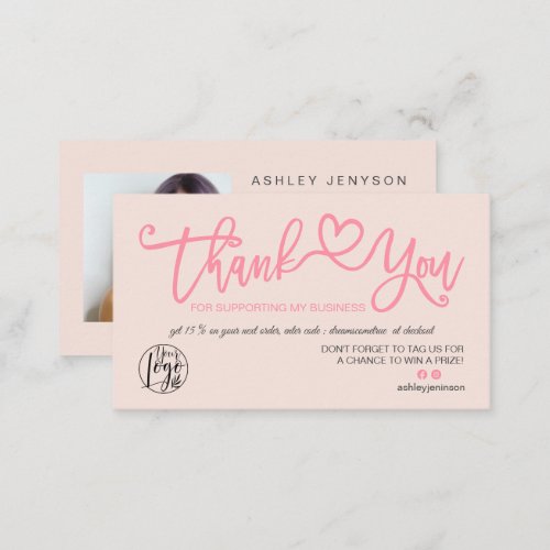 Pastel blush pink heart photo logo order thank you business card
