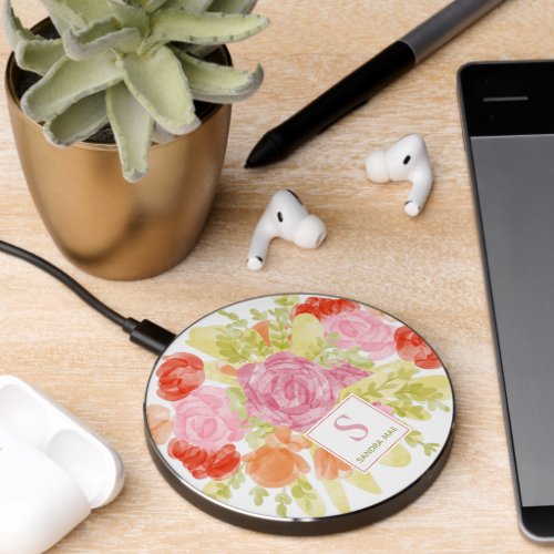 Pastel Blush Pink Peach Orange Floral Watercolor Wireless Charger