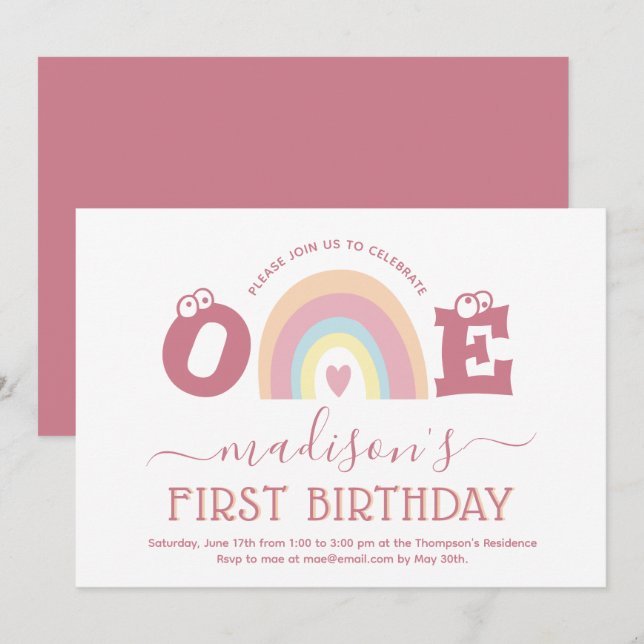 Pastel Blush Pink Rainbow Girls 1st Birthday Invitation (Front/Back)