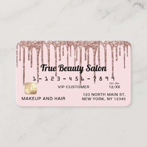 Pastel Blush Pink Rose Gold Glitter Drips Credit Business Card