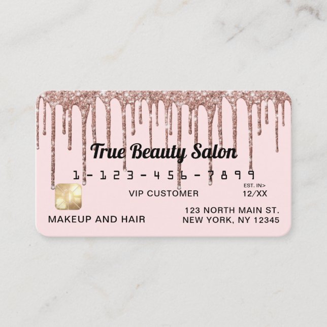 Pastel Blush Pink Rose Gold Glitter Drips Credit Business Card (Front)