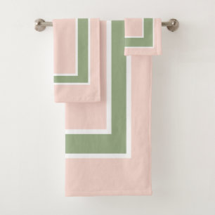 Pastel Blush Pink Sage Green Block Pattern Bath Towel Set