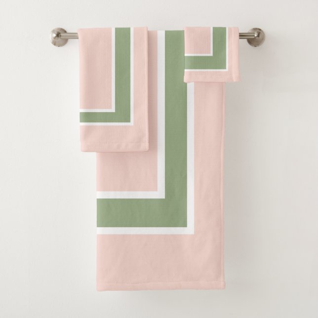 Pastel Blush Pink Sage Green Block Pattern Bath Towel Set (Insitu)