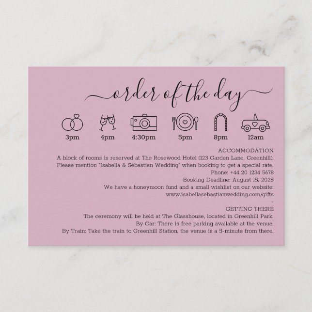 Pastel Blush Pink Wedding Details Order Of The Day Enclosure Card (Front)