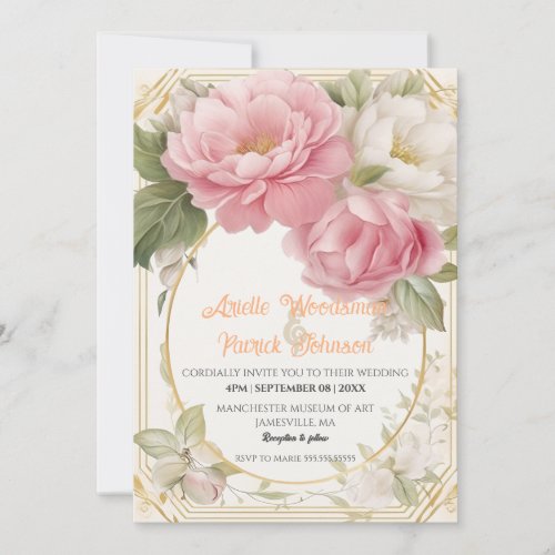 Pastel Blush Pink White Peony Wedding Circle Frame Invitation