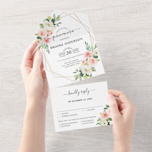 Pastel Blush Pretty Pink Botanical  Quinceanera All In One Invitation (Tearaway)