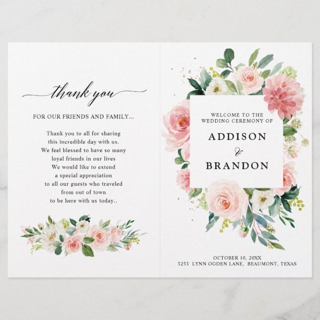Pastel Blush Pretty Pink Botanical Wedding Program (Front)